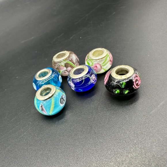 Glass Beads Sterling Silver 925 Colorful Charms For Bracelet Necklace Lot Of 6 - Picture 1 of 7